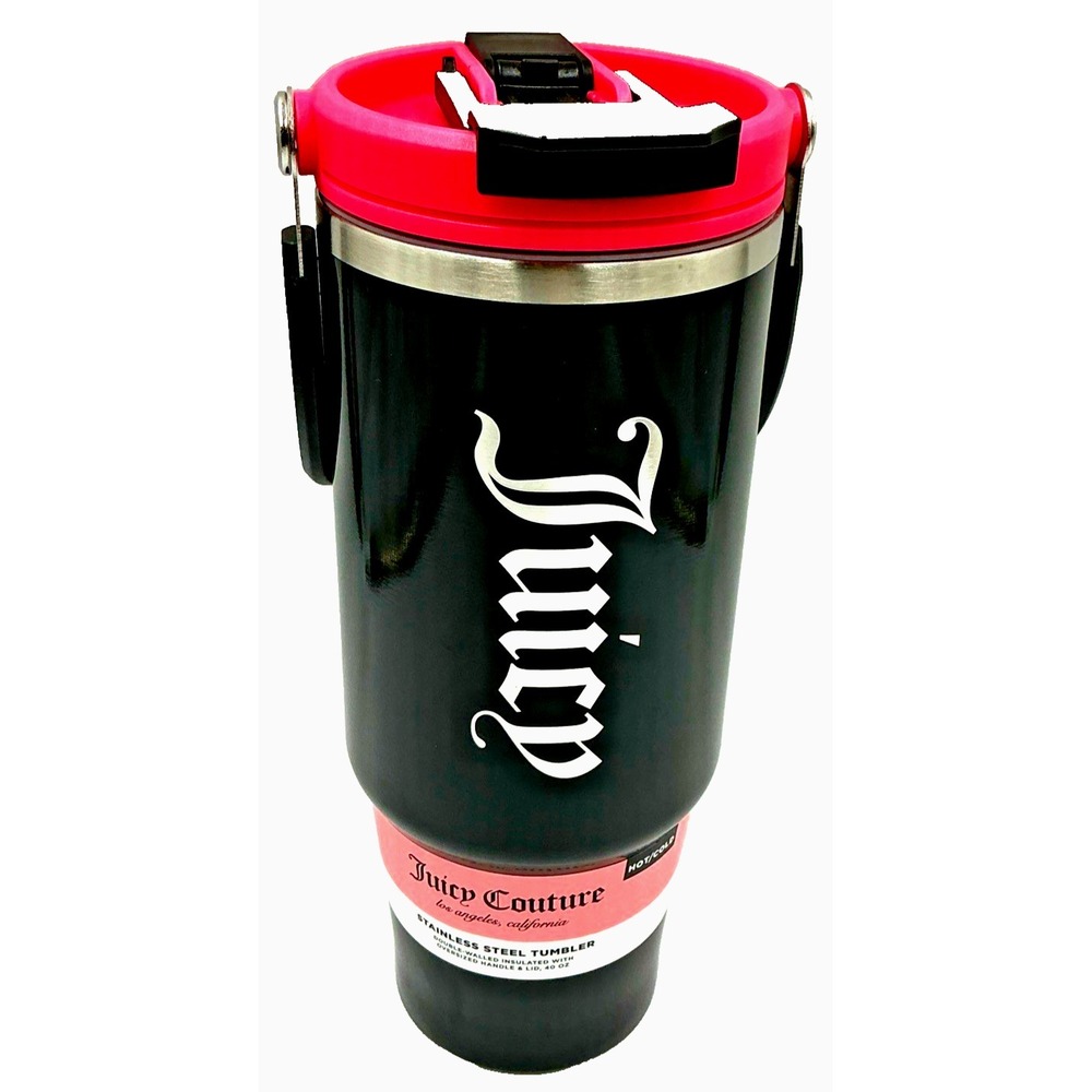 Juicy Couture Stainless‎ Steel Tumbler Black Pink 40 Oz Handle Pop Up Straw